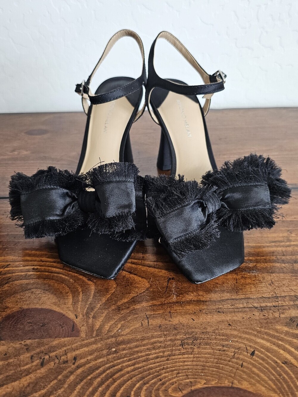 ANTONIO MELANI Black Bow Fringed Ankle-Strap Heels Shoes Women's Sz 7.5 NWOB